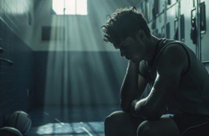 stress_sportif-competition Un athlète accablé dans un vestiaire vide fait face à la défaite et à la solitude, le désespoir plane au grand jour